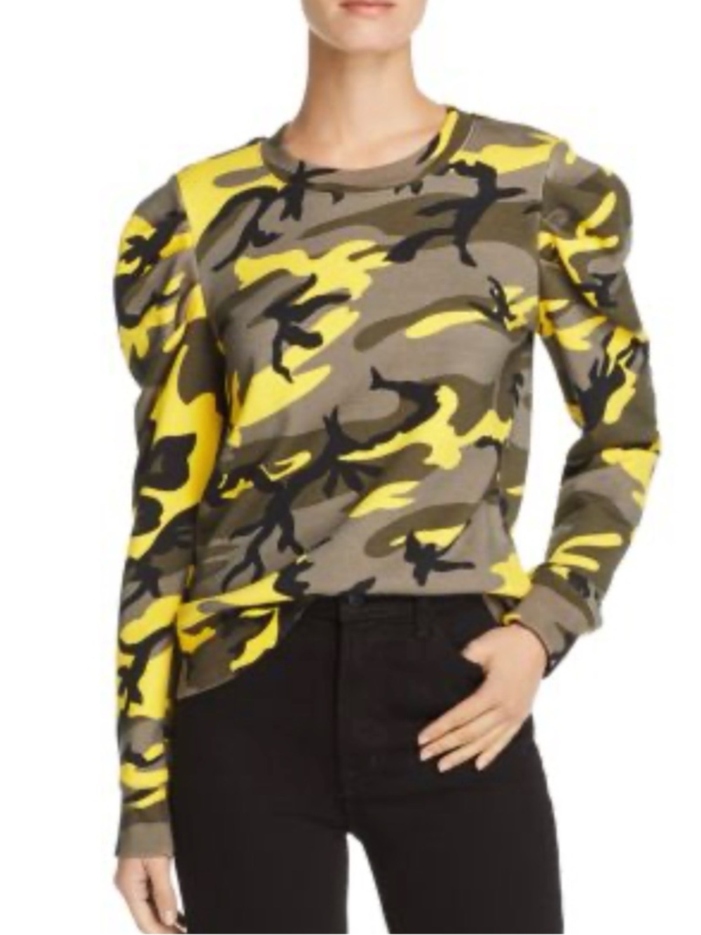 Pam & Gela Pop Camo Puff Sleeve Sweatshirt XS Petite Yellow Camo French Terry